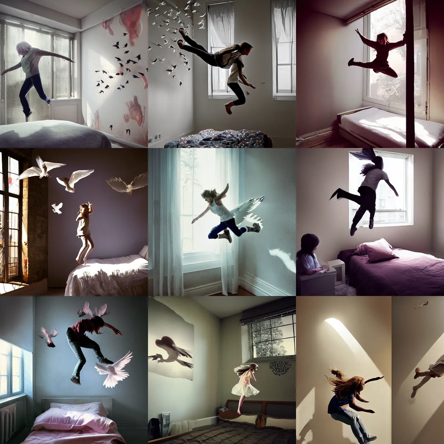 Prompt: girl jumping over her bed, big window, doves, magical, posters on the wall, girl's room, high detail, jeremy geddes natural volumetric light