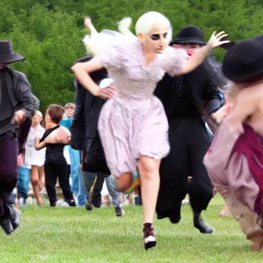 Image similar to lady gaga running away from amish mob