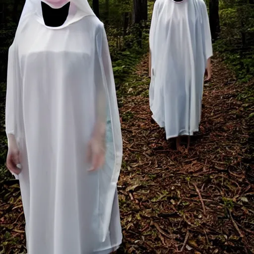 Prompt: terrifying photo,two Hovering twin nuns, wearing pointed hoods, buxom chested, blindfolded, wearing translucent veils, see through dress, Very long arms, bedroom, wood door, eerie, frightening, highly detailed, photorealistic, colorized —width 1024 —height 1024