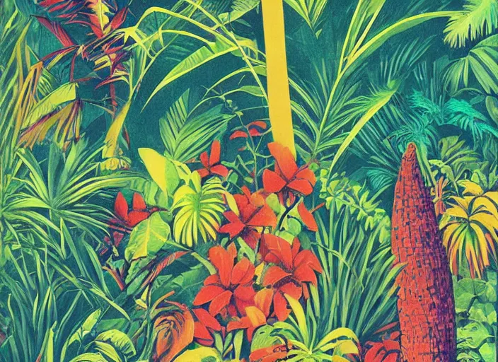 Image similar to illustration of a lush colorful tropical jungle, (retro poster) by Reginald Montague Lander, By Tom Purvis, By Joseph Binder