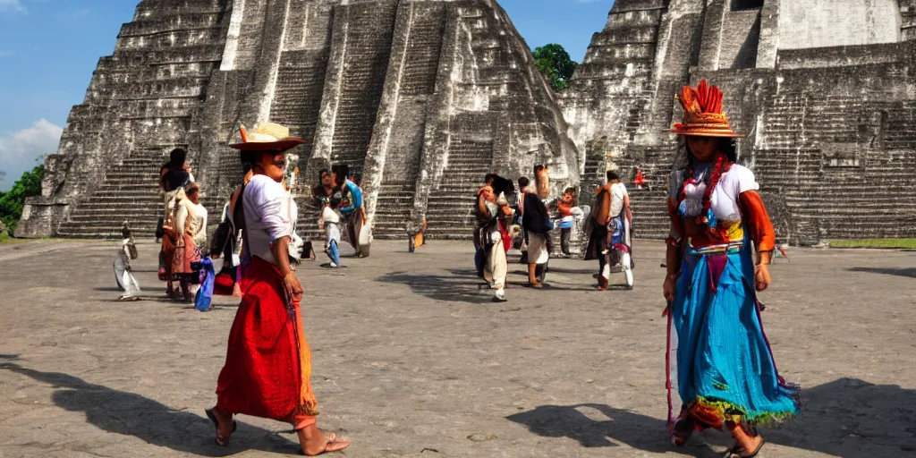 Prompt: guatemala in the 1 5 0 0 s filled with ancient tikal mayan architecture, mayan woman walking the streets, indians in traditional wear haggling with the street vendors, surreal, beautiful, hyper realistic, trending on artstation, 8 k, hd