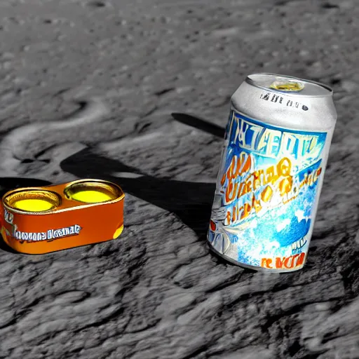 Prompt: photo of a detailed realistic idle regular sized electric guitar and a detailed realistic idle regular sized beer can next to one another on the moon surface. realistic. detailed