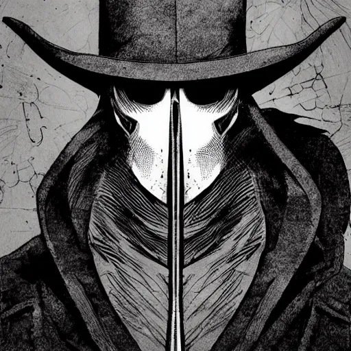 Image similar to a portrait of a plague doctor gunslinger, dark fantasy, horror, western, hell, ultrafine detailed digital pencil art by takeshi obata and mike mignola and irving penn, death note style, colored, symmetric body, cgsociety, sharp focus, detailed face, looking at the camera and pointing with a big gun