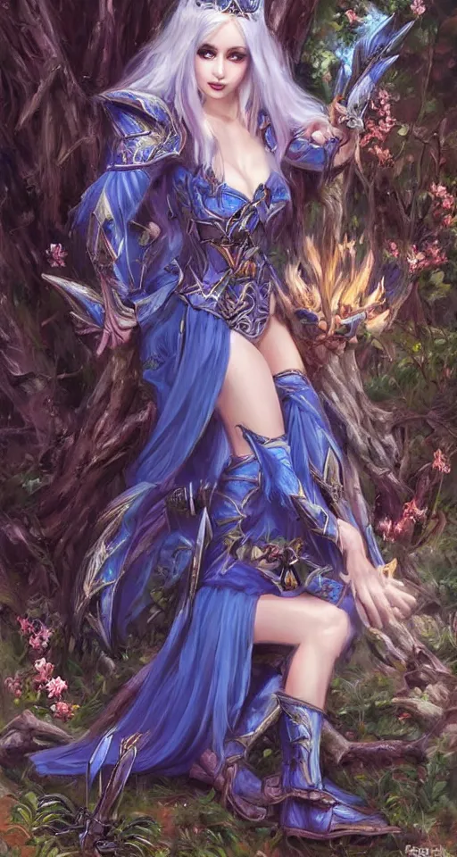 Image similar to Gothic elf princess in blue dragon armor on a misterious forest by Konstantin Razumov