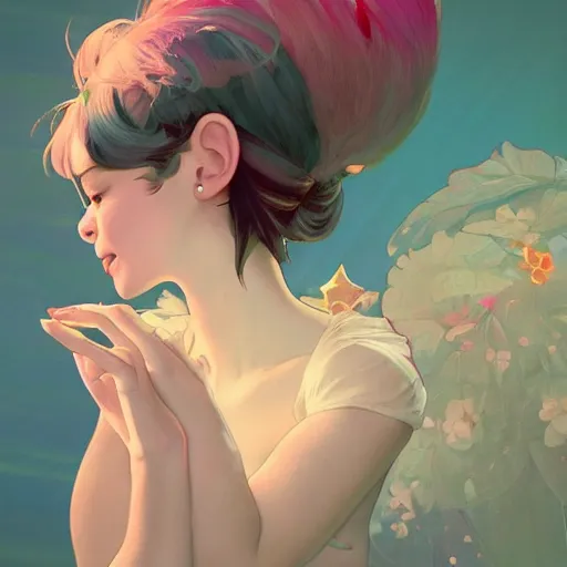 Image similar to cute pixie bjork dancing in a new music video, a look of wonder on her face, ambient lighting, 4 k, lois van baarle, ilya kuvshinov, rossdraws, alphonse mucha, jung gi kim, artstation