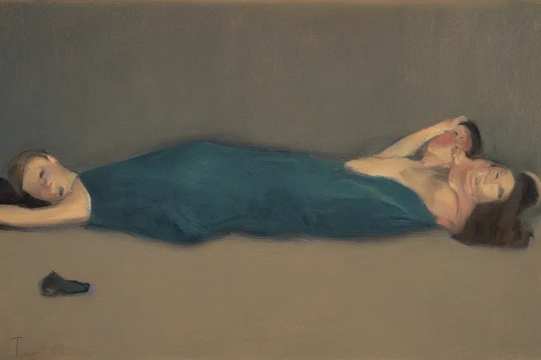 Prompt: Full body reclined portrait painting at dawn Tonalism