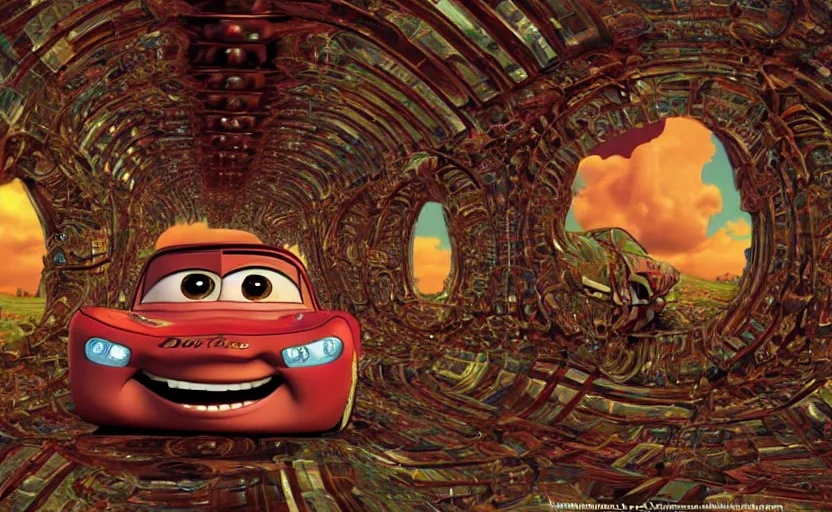 Image similar to mater from cars in a mirrored fractal hallway, romance novel cover, dmt visualization, in 1 9 9 5, y 2 k cybercore, industrial photography, still from a ridley scott movie