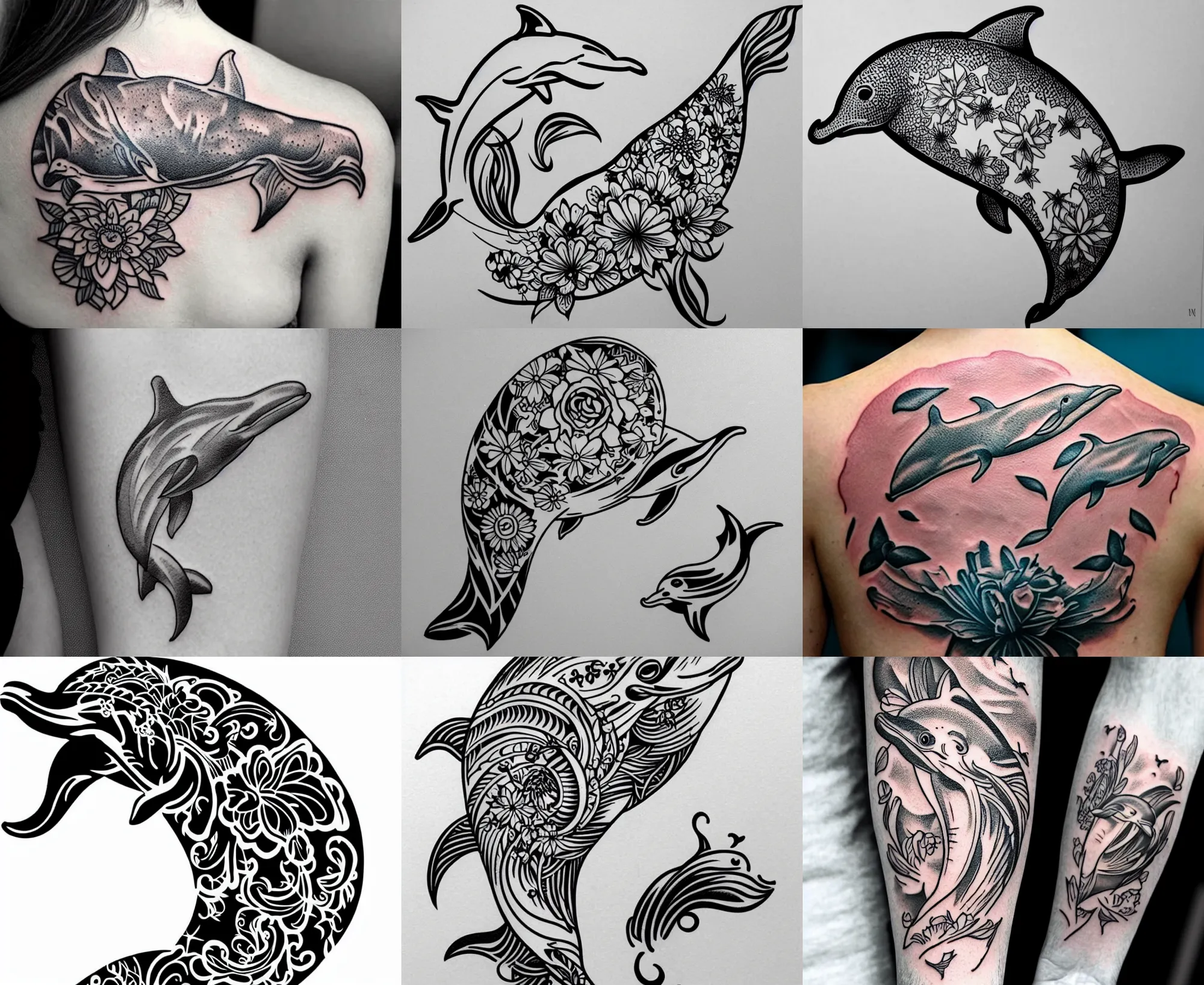 Image similar to detailed amazing tattoo stencil of a floral dolphin