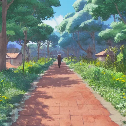 Prompt: a gouache painting of a empty small village walkway panorama with small fences, bushes, a matte painting by makoto shinkai, disney, pixar studio ghibli, matte painting for anime