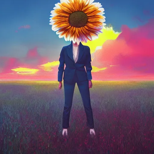 Image similar to giant daisy flower covering head, frontal, a girl in a suit, surreal photography, sunrise, dramatic light, impressionist painting, digital painting, artstation, simon stalenhag