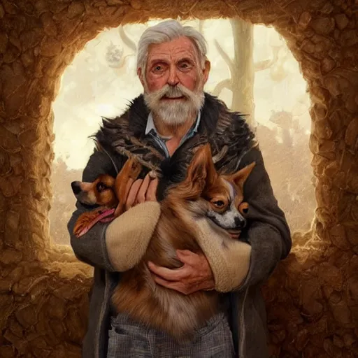 Prompt: portrait of a old, ruggedly handsome man holding a corgi dog, soft hair, muscular, half body, cloth, hairy, d & d, fantasy, intricate, elegant, highly detailed, digital painting, artstation, concept art, smooth, sharp focus, illustration, art by artgerm and greg rutkowski and alphonse mucha