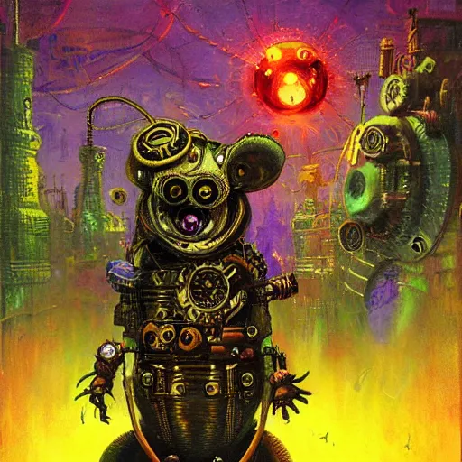 Image similar to steampunk rat, acid, 303, psychedelic, by paul lehr