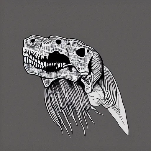 Image similar to dinosaur whole head skeleton outline, black ink on white paper