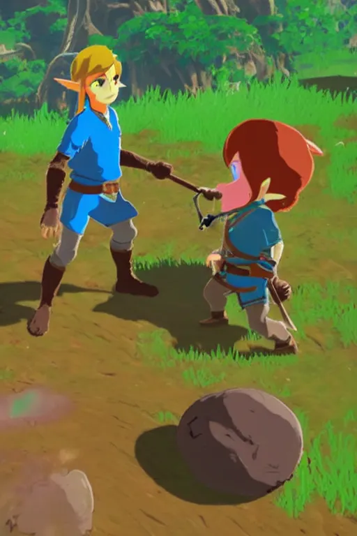 Image similar to in game footage of link attacking a diglett from the legend of zelda breath of the wild, breath of the wild art style.
