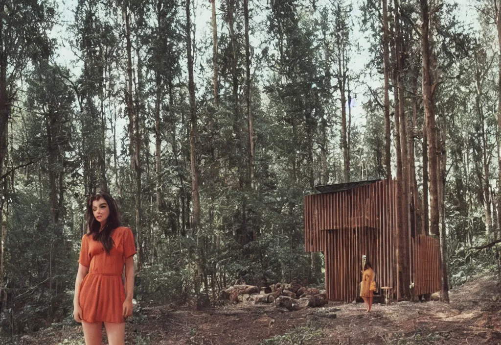 Prompt: lomo photo of adelaide kane standing i front of a modern forest cabin, cinestill, bokeh, out of focus