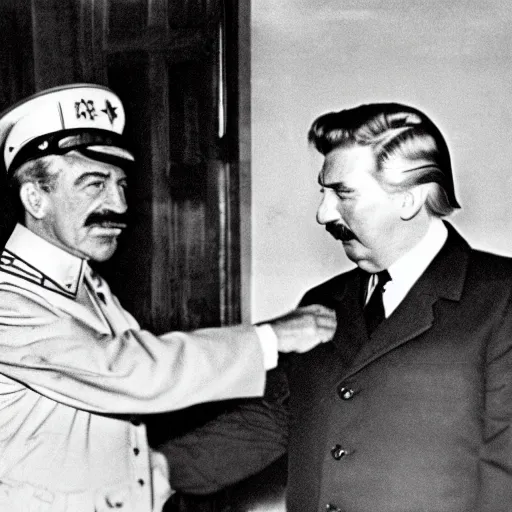 Image similar to photo of stalin and trump shaking hands, award winning photo, 3 5 mm camera