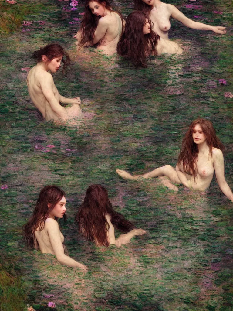 Image similar to illustration studio portrait of three dark beautiful woman bodies mermaids female energy in artistic poses in the river at the forest, monet painterly motives and textures pattern, hyper detailed, octane render, vivid colors, artstation, by jeremy mann, by alphonse mucha, by monet