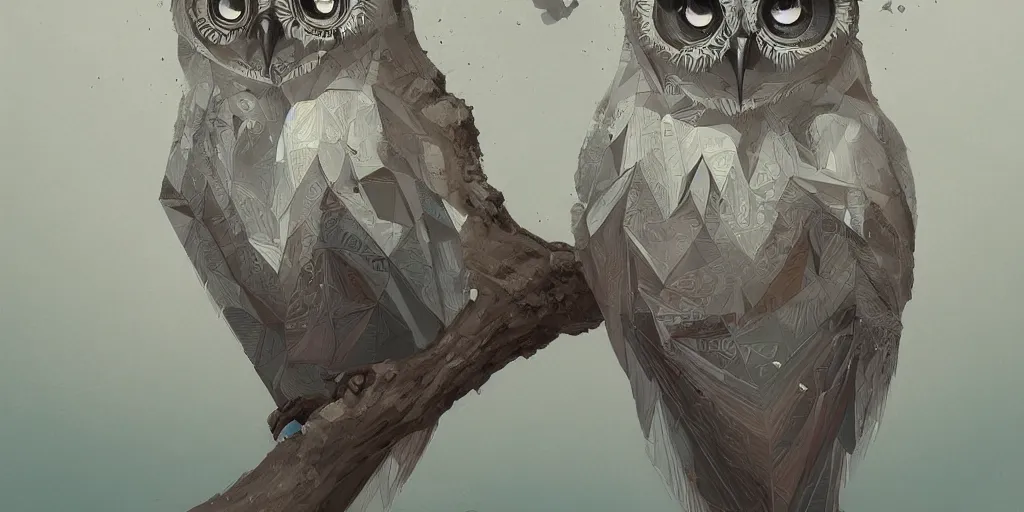 Image similar to portrait of a geometric owl, identical eyes, medium shot, illustration, full body made of white feathers, symmetrical, art stand, super detailed, cinematic lighting, and its detailed and intricate, gorgeous, by peter mohrbacher