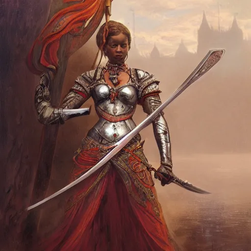Image similar to artstation concept of a beautiful girl holding a sword in both hands, brown skin,symmetrical face, silver garment, shiny colorful, hyperdetailed, artstation trending, world renowned artists, worth1000.com, historic artworks society, antique renewel, cgsociety, by greg rutkowski, by Gustave Dore, Deviantart