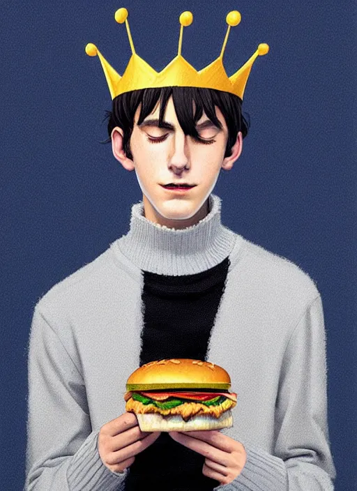 Image similar to portrait of teenage jughead jones wearing a light grey crown, crown, eating hamburger, blue turtleneck, eyes closed, crown, black hair, intricate, elegant, glowing lights, warm lighting, highly detailed, digital painting, artstation, concept art, smooth, sharp focus, illustration, art by wlop, mars ravelo and greg rutkowski