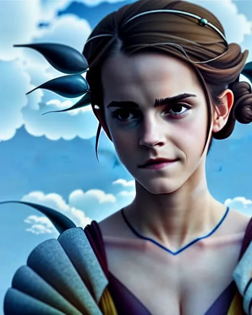 Image similar to emma watson as an azctec warrior, detailed perfect face, exquisite details, fire magic, mid view, design on a white background, by studio muti, greg rutkowski makoto shinkai takashi takeuchi studio ghibli