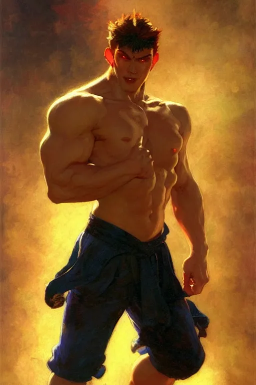 Prompt: street fighter, attractive male, character design, dynamic lighting, cool and bright tint, painting by gaston bussiere, craig mullins, j. c. leyendecker, tom of finland