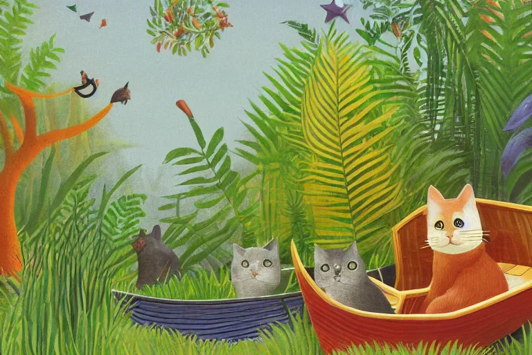 Prompt: cat in a boat, ferns, jungle, night, stars, highly detailed, 3 d, realistic, unreal engine render concept art, style of henri rousseau and richard scarry and hiroshi yoshida and etel adnan