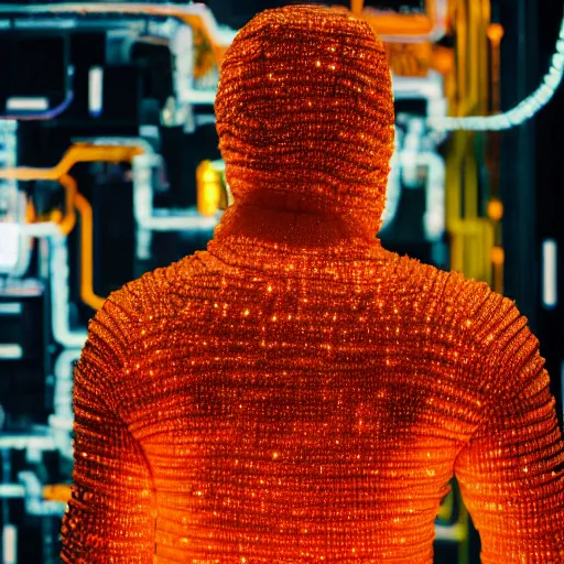 Prompt: love, diverse orange cybersuits, from behind, connection rituals, wide wide angle, vivid, elaborate, highly detailed, beautiful lighting