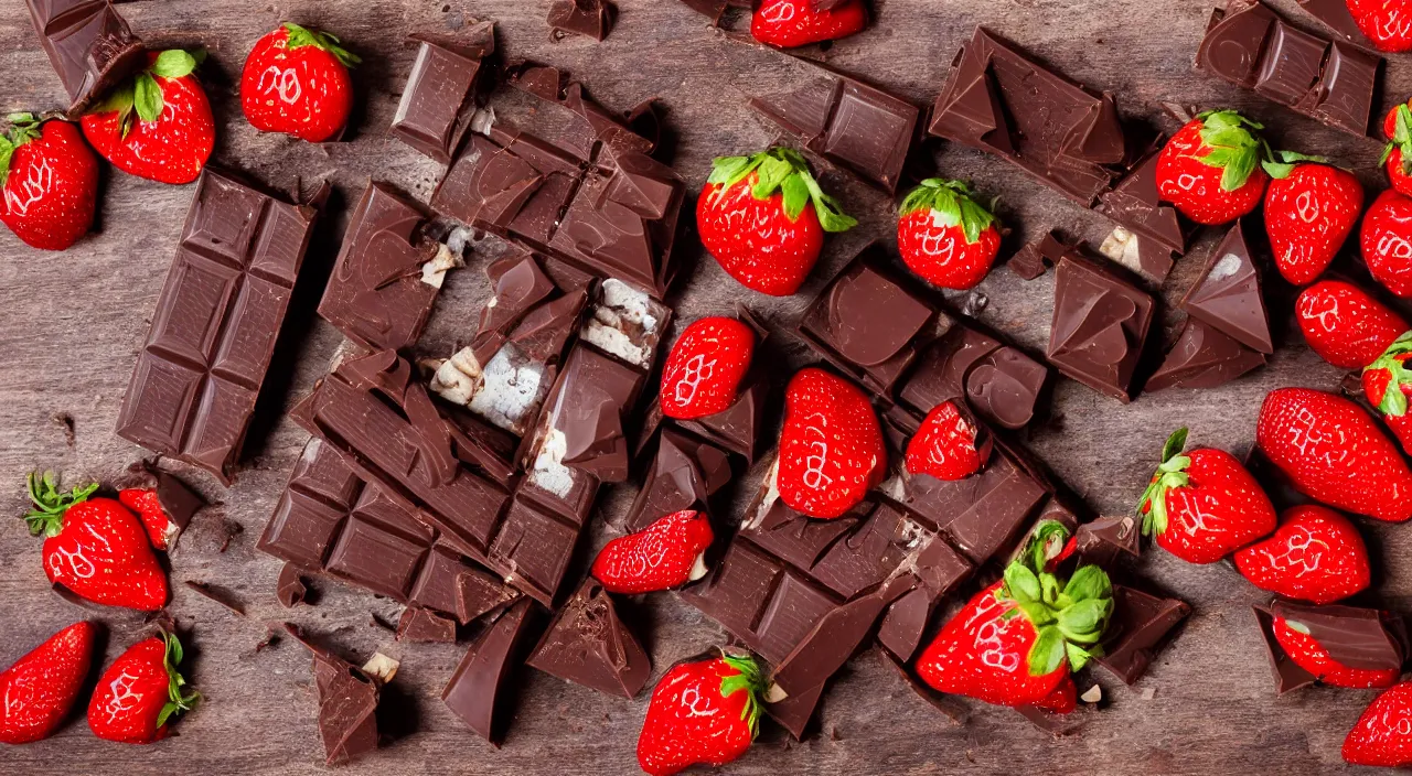 Prompt: A fancy chocolate bar with one end broken on a wooden tray with sliced strawberries, macro lens product photo