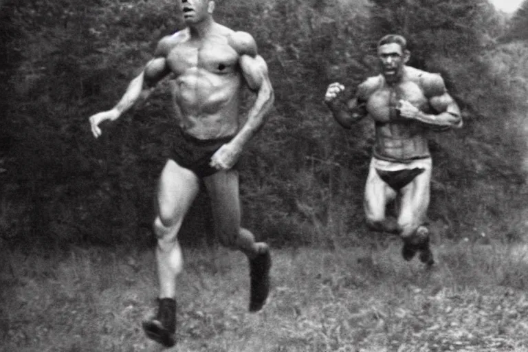 Prompt: old photo of a muscular man running for his life after seeing a monster for the first time, funny