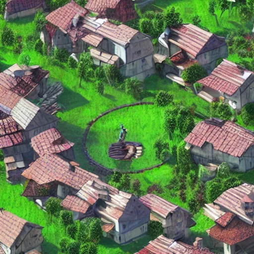 Image similar to a high definition depiction of a village infested by spiral shapes