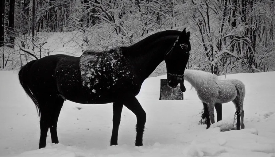 Image similar to 1 9 6 0 s movie still close up of marcus aurelius + horse frozen to death under the snow by the side of a river with gravel, pine forests, cinestill 8 0 0 t 3 5 mm b & w, high quality, heavy grain, high detail, texture, dramatic light, anamorphic, hyperrealistic, detailed hair, foggy