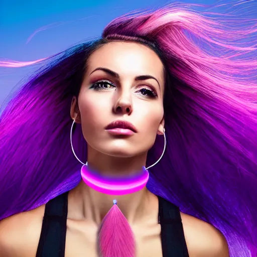 Image similar to a award winning action upper body portrait of a beautiful woman with a ombre purple pink hairstyle with head in motion and hair flying, choker, hoop earrings, outrun, vaporware, highly detailed, fine detail, intricate