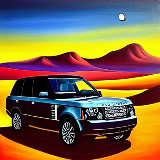 Image similar to a range rover in the desert with mountains in the back during a beautiful sunset in the style of Salvador Dalí, oil on canvas