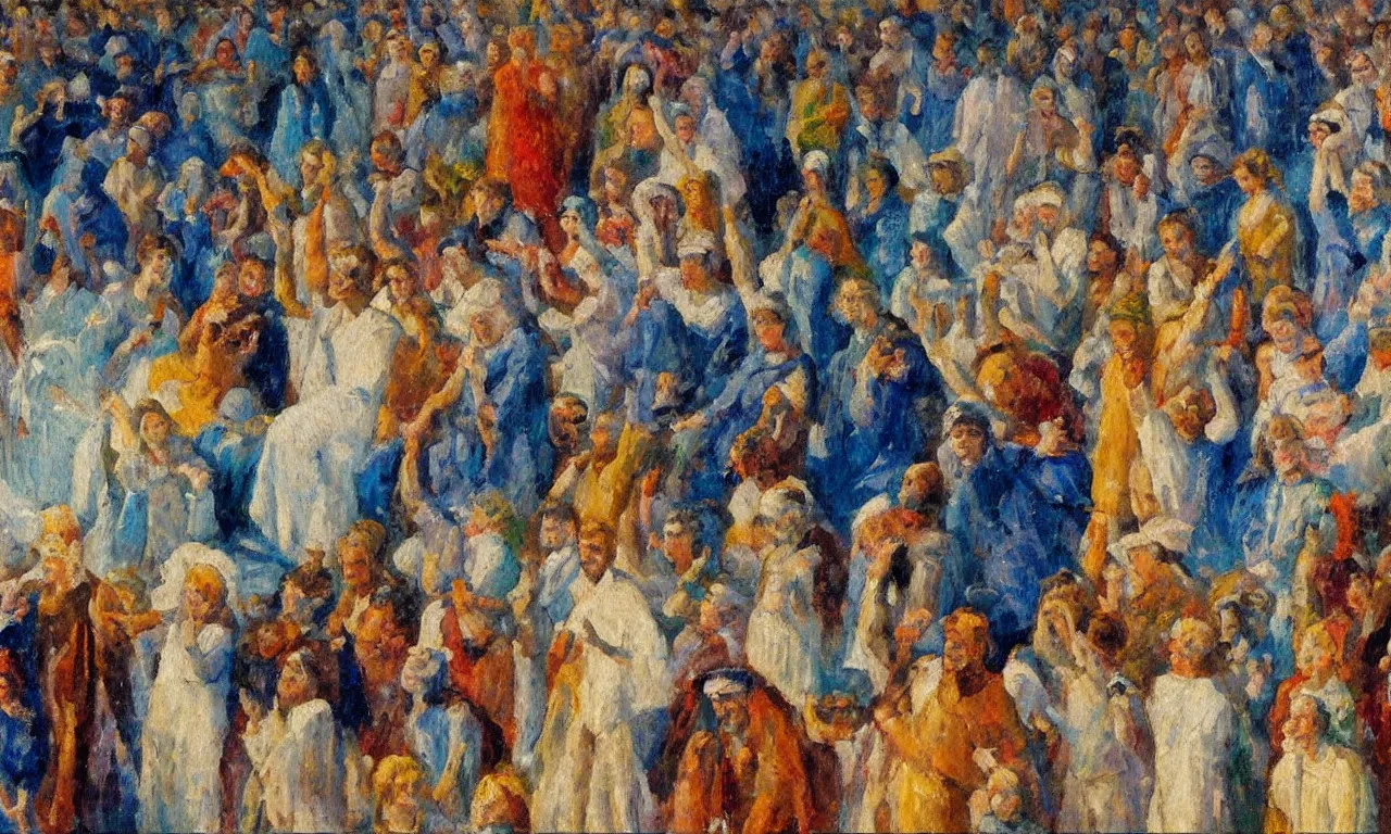 Prompt: a large group of people in kansas watches the biblical end of the world, in the style of minerva teichert, oil on canvas, impasto, visible brushstrokes, watercolor, 8 k scan