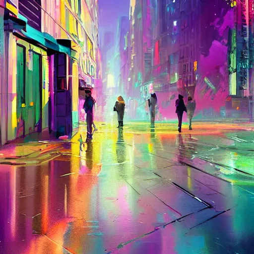 Prompt: digital art, strong emotional impact, bold pastel colors, spring day, expressive brushstrokes, puddles, an art deco streetscape lined with beautiful flowers, by liam wong and tyler edlin, trending on artstation