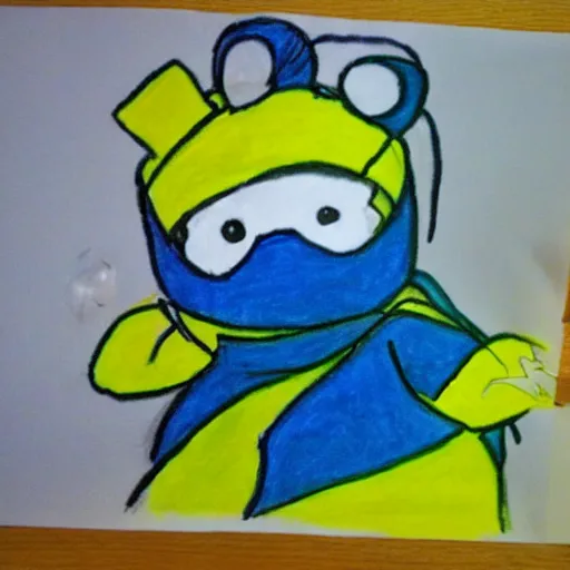 Prompt: Child drawing of a ninja fighting a teletubby