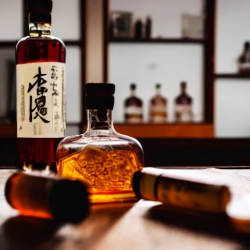 Image similar to bottles of Japanese whiskey on a desk