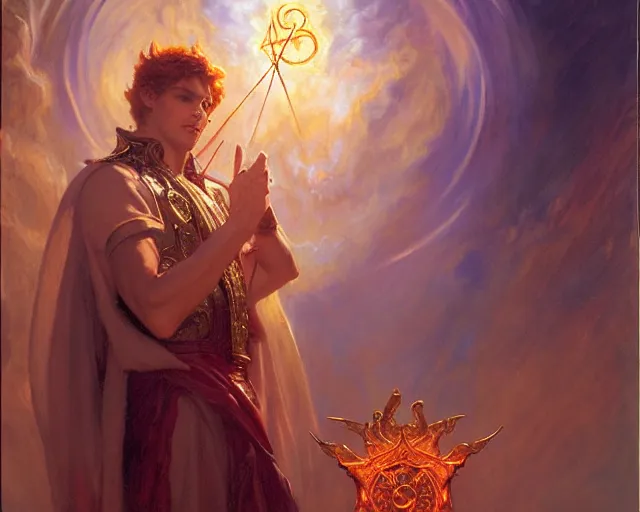 Image similar to attractive male deity, casting demonic magic, summoning handsome lucifer morning star. highly detailed painting by gaston bussiere, craig mullins, j. c. leyendecker 8 k