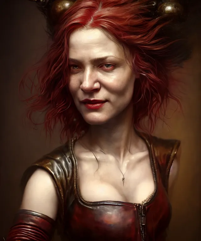 Image similar to hyperrealistic mixed media painting of a beautiful grinning charasmatic female rogue, dimly lit cozy tavern, crimson leather tunic, confident relaxed pose, d&d, stunning 3d render inspired art by Tim Okamura and Lise Deharme + perfect facial symmetry + dim volumetric lighting, 8k octane beautifully detailed render, post-processing, extremely hyperdetailed, intricate, epic composition, grim yet sparkling atmosphere, cinematic lighting + masterpiece, trending on artstation, very very detailed, masterpiece, stunning