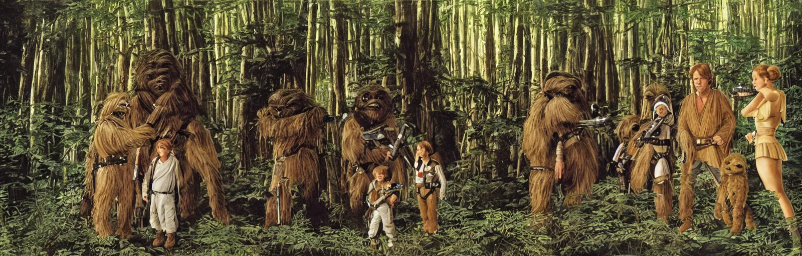 Prompt: luke skywalker, princess leia and han solo meet the ewoks in the forest of endor, in return of the jedi, a masterful painting by sandro botticelli