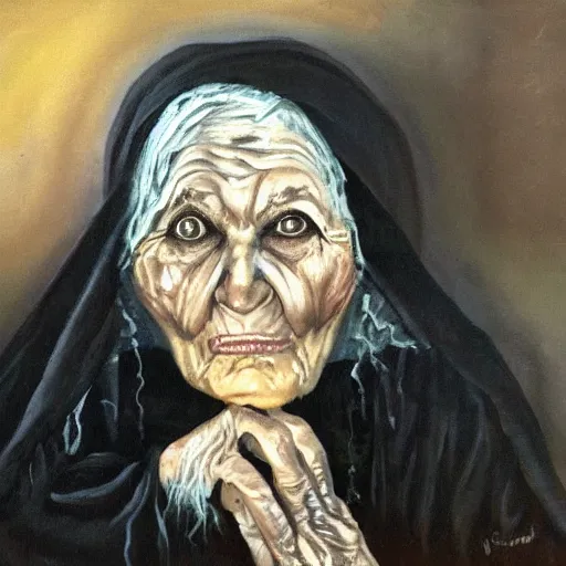 Image similar to creepy old cursed witch watching you sleep, eerie, haunted, oil painting