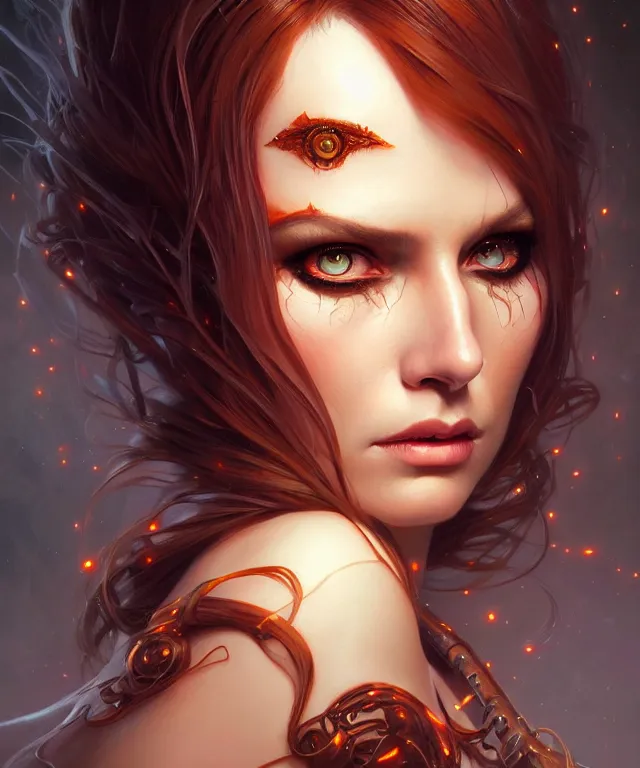 Image similar to Halloween woman portrait, sci-fi, amber eyes, face, long hair, fantasy, intricate, elegant, highly detailed, digital painting, artstation, concept art, smooth, sharp focus, illustration, art by artgerm and greg rutkowski and alphonse mucha