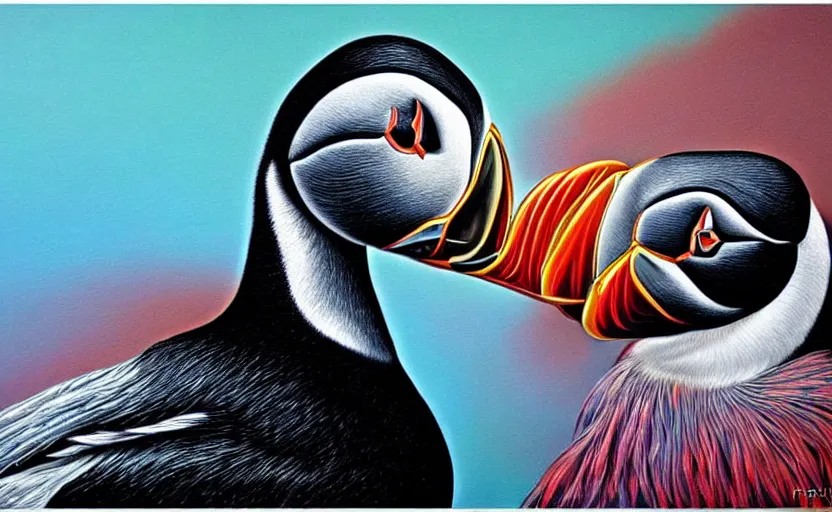 Image similar to a Photorealistic dramatic hyperrealistic puffin bird by Alex Grey