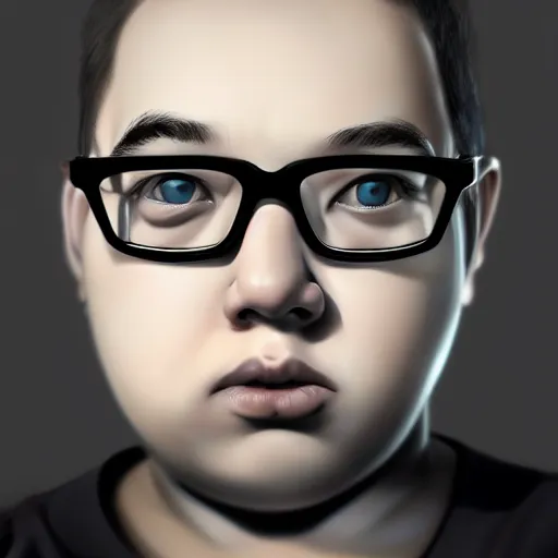 Prompt: portrait of overweight teenager with glasses, dramatic lighting, cinematic scene, gloomy, trending on Artstation
