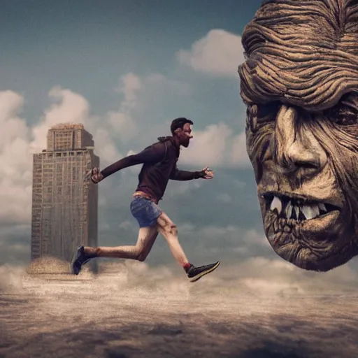 Image similar to people running away scared from a giant with bitcoin head, cinematic, comic art, hyper-realistic, cryptocurrency, 8k