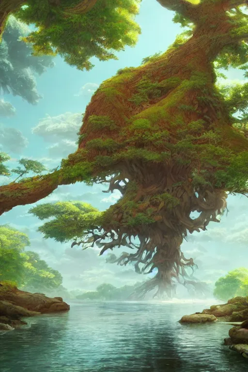 Image similar to beautiful river flowing through a giant ancient tree, serene evening atmosphere, soft lens, soft light, cel - shading, animation, in the style of cgsociety, deviantart, artstation, zbrush, cinema 4 d, studio ghibli, akihiko yoshida, atelier lulua, masamune shirow