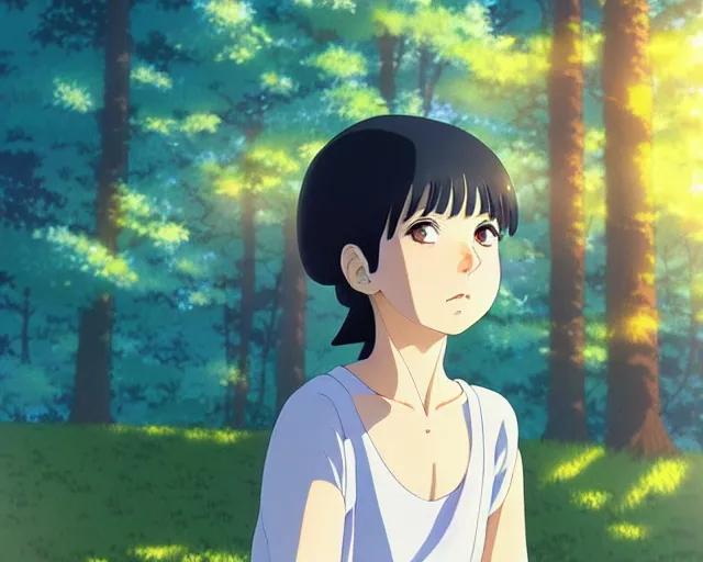 Image similar to hinata hyuga, park in background, bokeh. anime masterpiece by Studio Ghibli. illustration, sharp high-quality anime illustration in style of Ghibli, Ilya Kuvshinov, Artgerm