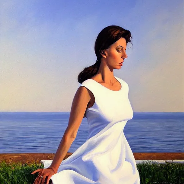 Image similar to a painting of a stunning woman in a white dress, a photorealistic painting by julio larraz, trending on cg society, figurative art, hyper realism, oil on canvas, detailed painting