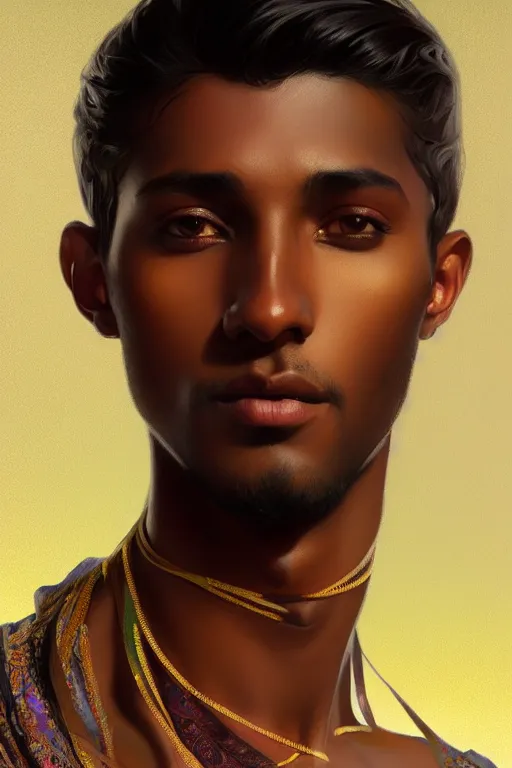 Image similar to full figure beautiful young fit dark skin man, covered in multicolored arabian fluent clothes, luminous scene, by greg rutkowski and alphonse mucha, d & d character, gradient white to gold, in front of a dune desert background, highly detailed portrait, digital painting, artstation, concept art, smooth, sharp focus illustration, artstation hq